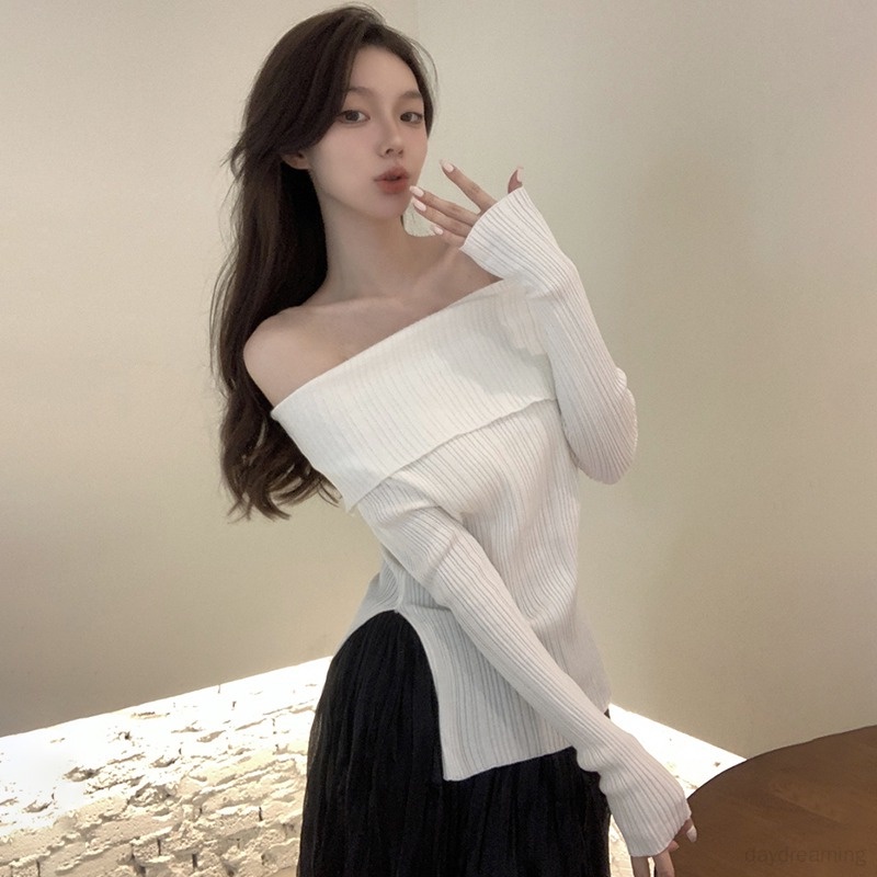 Áo Thun Dệt Kim Trễ Vai Xẻ Tà Dáng Ôm Thời Trang Cho Nữ