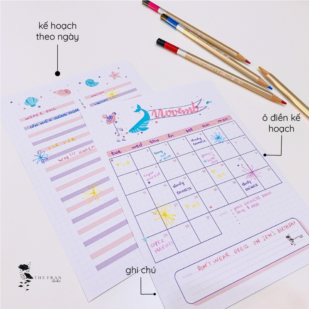 Bộ 4 tờ ghi chú kế hoạch hàng ngày tuần tháng A5 chủ đề đại dương / ocean planner / thetranstudio