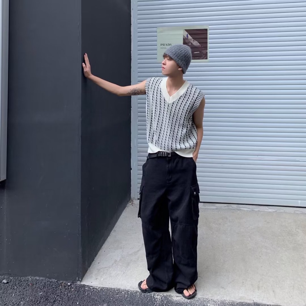 Áo Len Không Tay Cổ Chữ V Form Rộng Họa Tiết Kẻ Sọc Thời Trang Xu Hướng Hàn Quốc