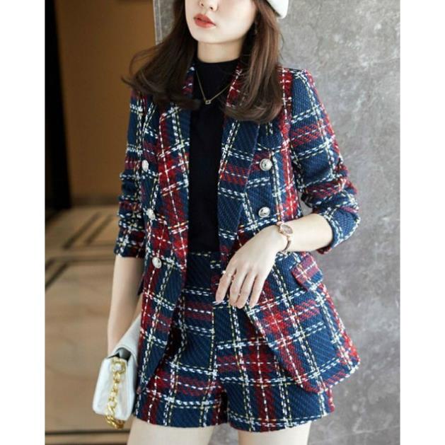 Hàng nhập - Set bộ vest nữ short dạ tweet kẻ caro, sét đồ thời trang quần áo blazer ngắn sang trọng NN0311