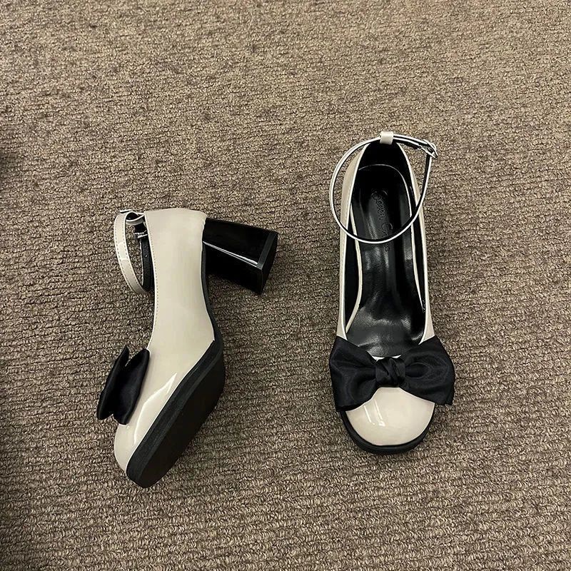 Giày Cao Gót Mũi Vuông Đính Nơ Thời Trang Xuân Hè Cho Nữ