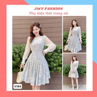 V184 Váy dạ xanh phối tay tơ [FREESHIP] váy dạ xoè cổ bèo tiểu thư - TH MC&Hà Thanh