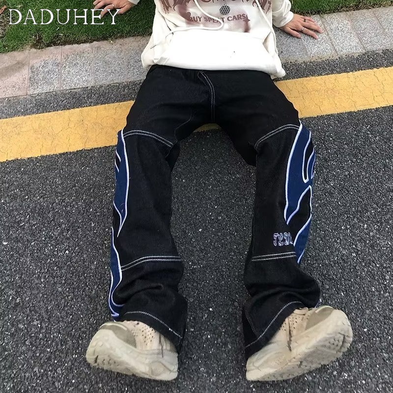 Quần ống đứng phong cách đường phố hiphop retro họa tiết thêu cho nam nữ