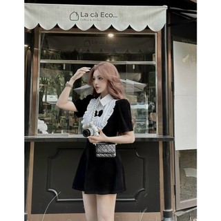Đầm nhung cứng loại 1 cổ sơ mi tay ngắn phối nơ với 2 màu đỏ đen mặc đi chơi đi tiệc sang trọng xinh xắn