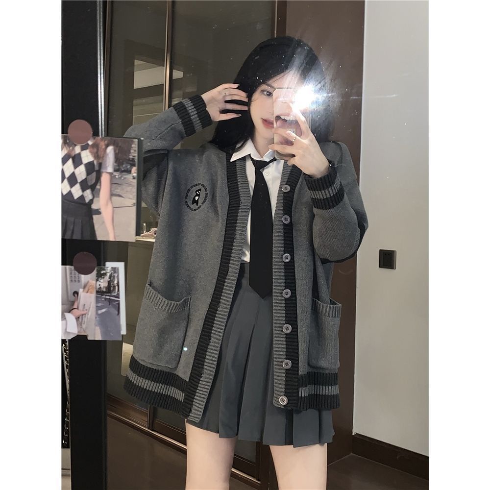 Set Áo Sơ Mi + Áo Khoác Cardigan Dệt Kim + Cà Vạt + Chân Váy Xếp Ly Phong Cách Hàn Quốc Thời Trang Xuân Thu Cho Nữ