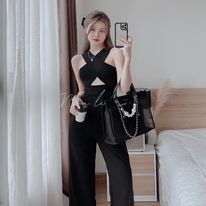 Jumpsuit nữ dài quần ống rộng cổ chéo dây khoét ngực sang chảnh thời trang nữ STCLOTHING
