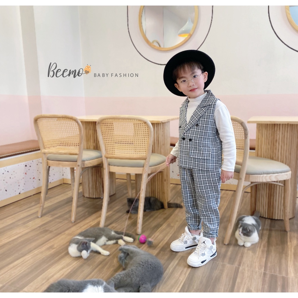 Bộ Vest gile kẻ caro 2 chi tiết BEEMO phong cách Hàn Quốc cho bé trai đi chơi Thu Đông Lễ Tết BE33