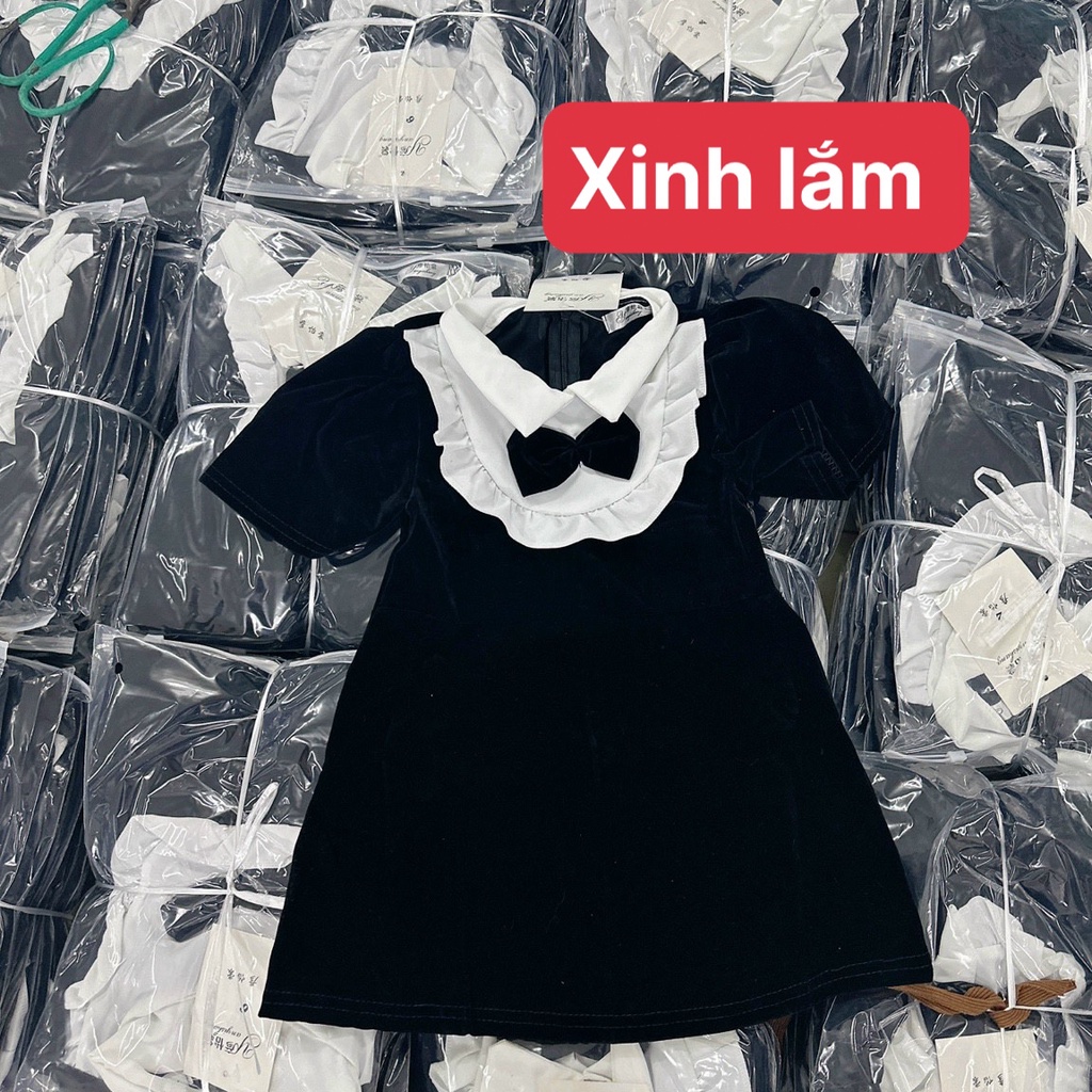 BÁN SỈ VÁY NHUNG ĐEN BÉ GÁI CỔ SƠ MI TRẮNG BÈO NƠ ĐEN