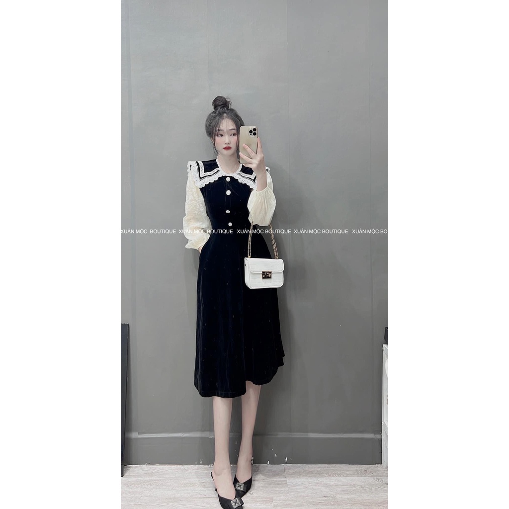 [Ảnh Thật/ Video]: Váy Nhung Thiết Kế Phối Cổ Viền Cực Xinh