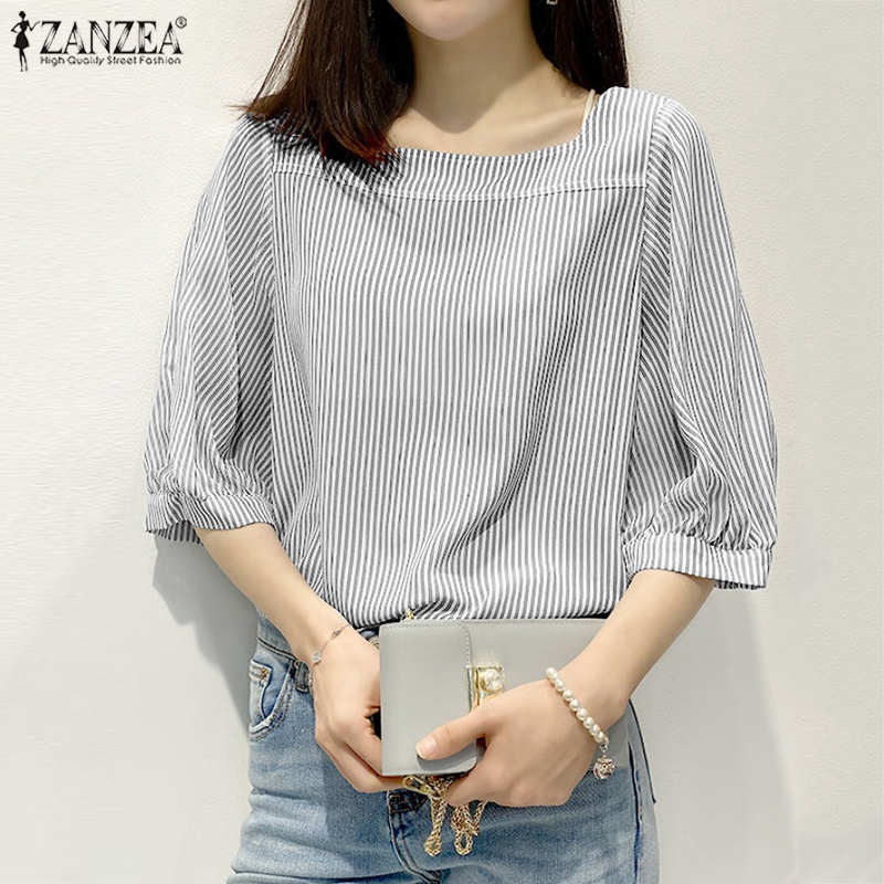 Áo kiểu ZANZEA tay lỡ 3 / 4 cổ vuông họa tiết ca rô thời trang dành cho nữ