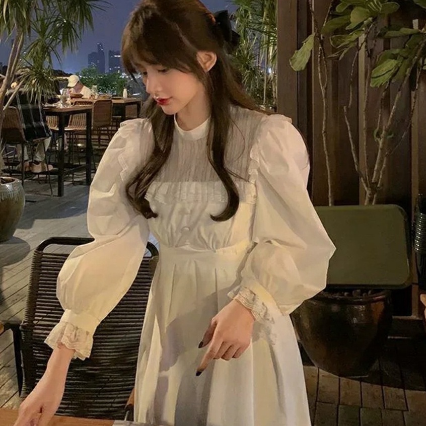 Đầm váy nữ trắng công chúa phối ren dài tay dáng dài kiểu dáng Hàn Quốc dễ thương NITEHY 24