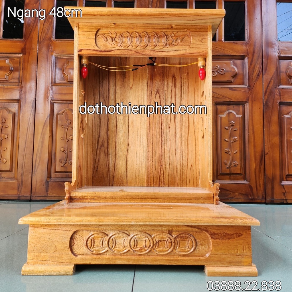 Bàn thờ thần tài ông địa ngang 48 cm kèm đôn gỗ mẫu mới rất đẹp