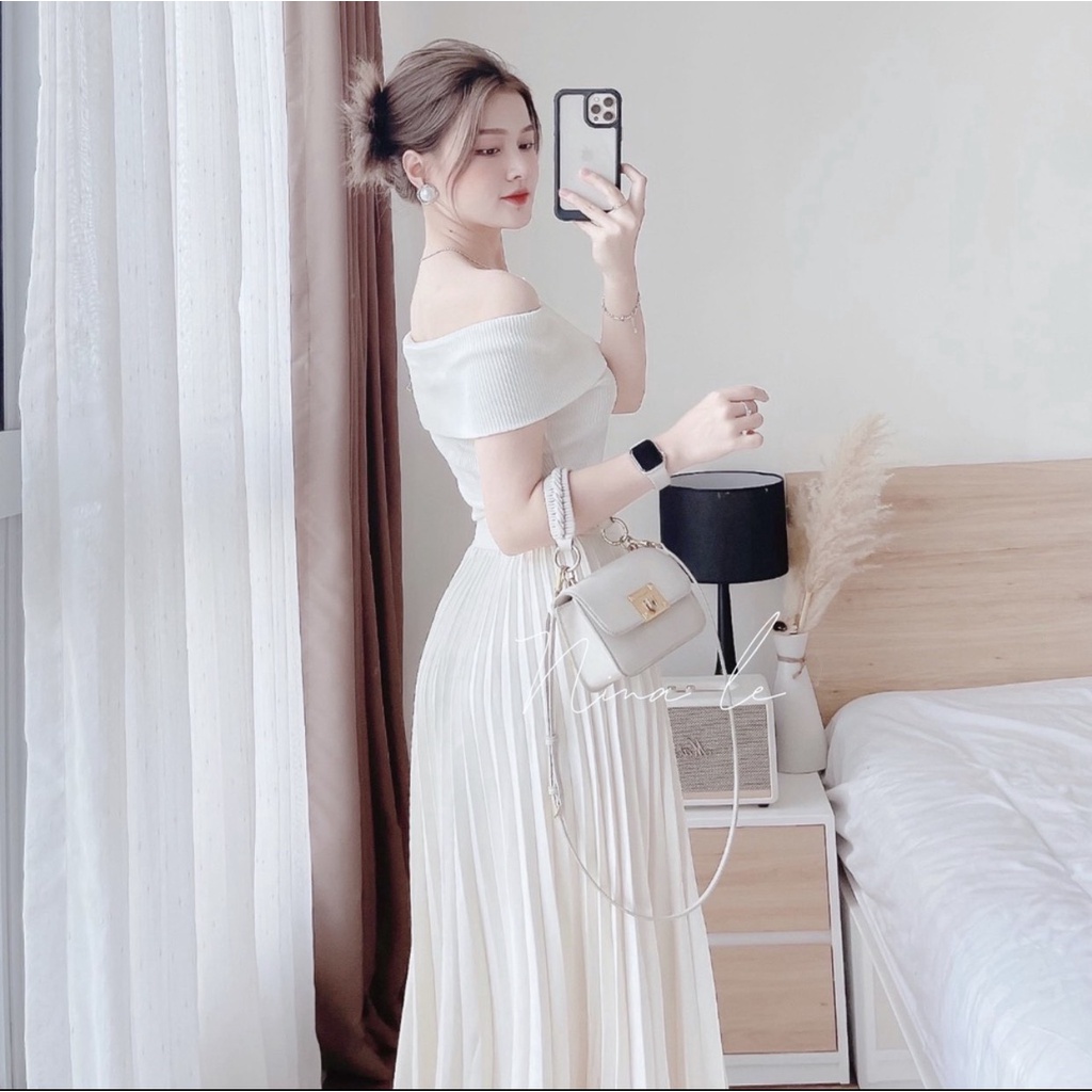 Sét áo trễ vai kèm chân váy xếp ly dán dài bigsize Mũm Mĩm từ 50kg đến 100kg