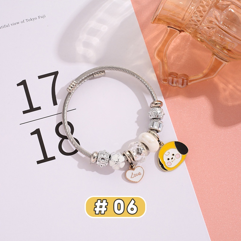 Vòng Tay Mặt Hình BT21 Hoạt Hình Bằng Thép Không Gỉ Dễ Điều Chỉnh Thời Trang Cho Nữ