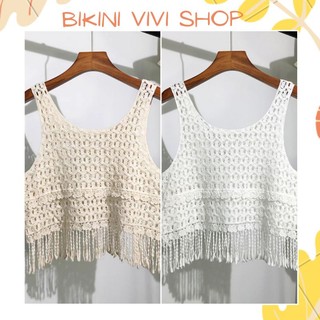 Bikini len đi biển, áo ren quảng châu tua rua
