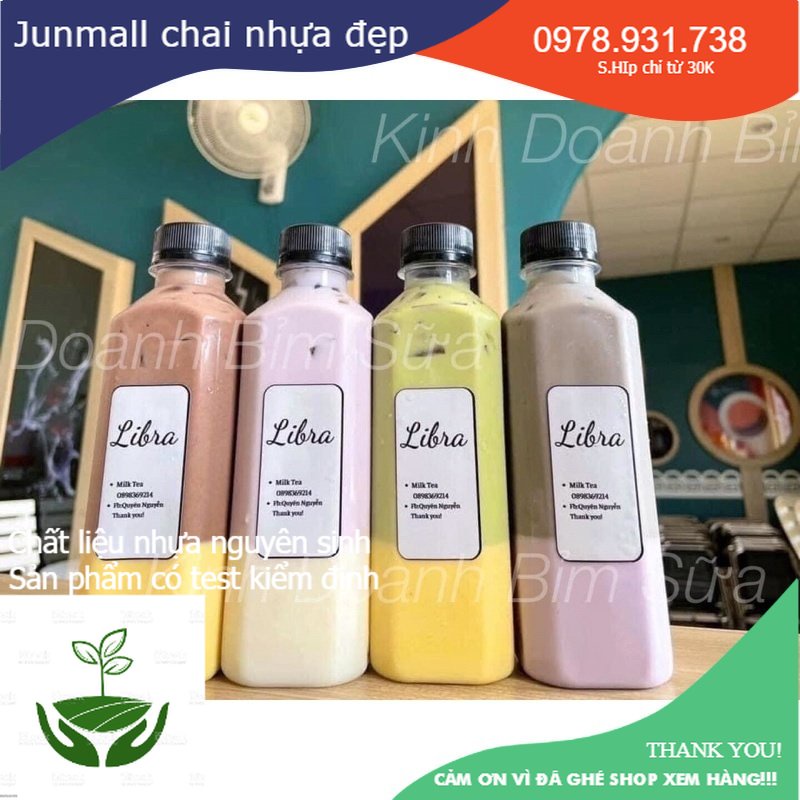 (Giá sỉ) Chai nhựa pet vuông 330ml kèm nắp đen/ trắng, chai nhựa đựng trà sữa, chai 330ml