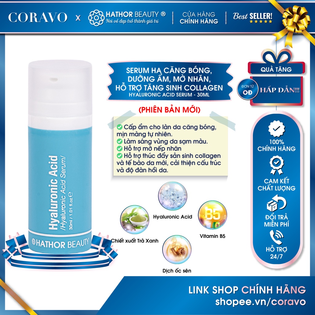 Serum HA Mới Căng bóng, cấp ẩm sâu gấp 5 lần, hỗ trợ sáng da, mờ thâm - Hyaluronic Acid Serum - 30ml - Hathor Beauty