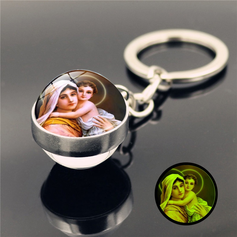 Móc Khóa Quả Cầu Thủy Tinh Cabochon Hai Mặt Phát Sáng Trong Bóng Tối In Hình Chúa Jesus