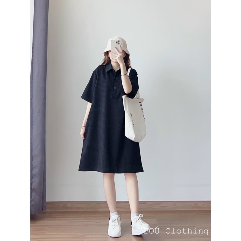 Váy Polo nữ suông dáng dài , Đầm suông Polo nữ cổ bẻ tay lỡ cúc ngực dáng chữ A Ulzzang