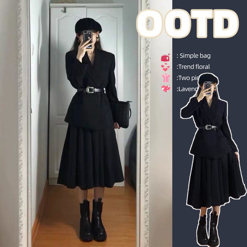 blazer nữ bigsize dày áo khoác hàn quốc Bộ Áo Khoác Vest Phối Chân Váy Dài Kiểu Hồng Kông Retro Thời Trang Mùa Thu 2022 Cho Nữ