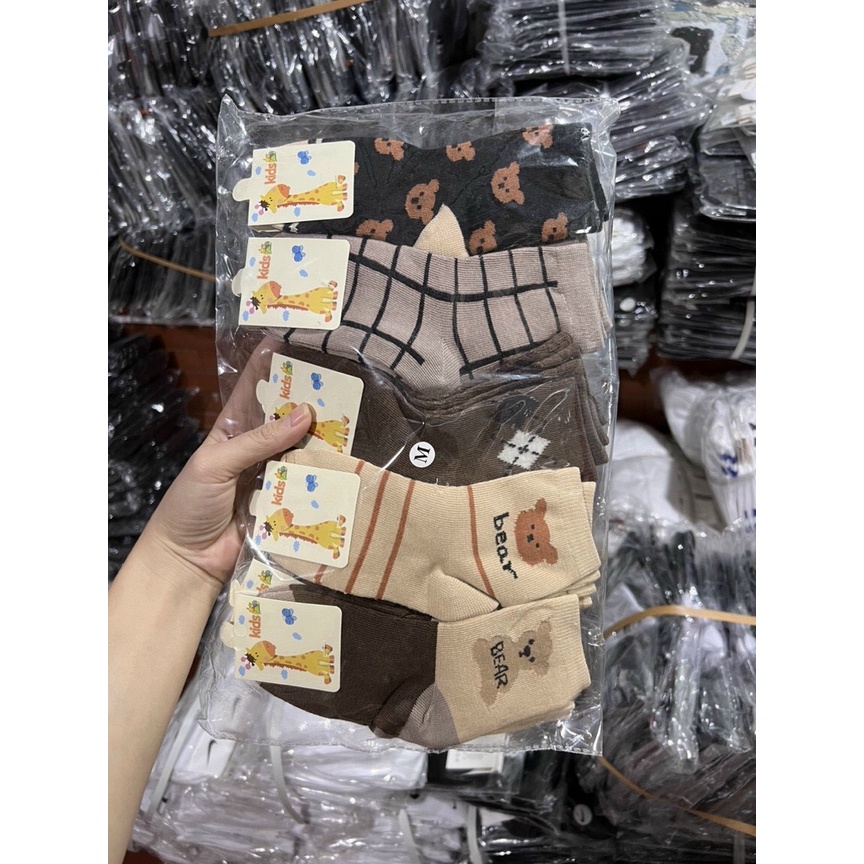Set 3 đôi tất gấu nâu cổ cao cho bé trai, bé gái siêu cute size 1y-10y