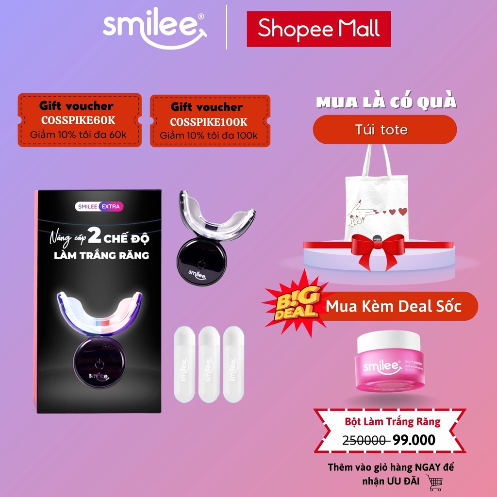 Trắng răng Smilee Extra, trắng răng từ 3-6 tone sau một liệu trình giúp hơi thở thơm mát tự tin. Hàng chính hãng