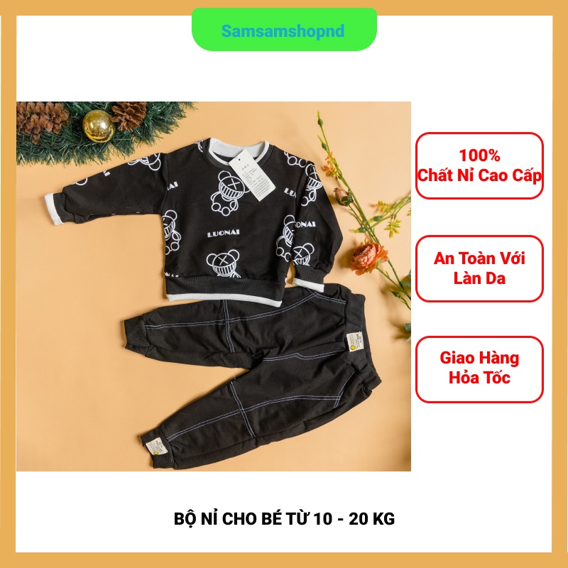 Bộ Nỉ Cho Bé Trai Từ 10 - 20 Kg, Áo Nỉ Bông Họa Tiết Gấu Kết Hợp Quần Nỉ Cao Cấp Phong Cách Hàn Quốc 2 Màu Trắng Đen