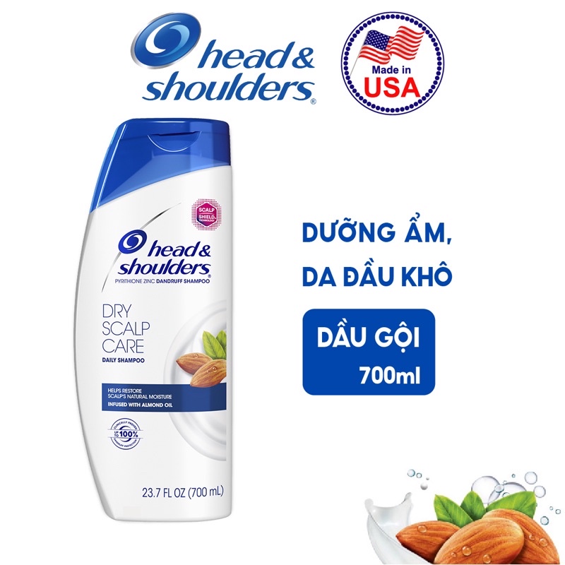 Dầu gội hạnh nhân Mỹ Head & Shoulders Dry Scalp Care Shampoo 400ml & 700ml phục hồi da đầu bị bong tróc do gàu