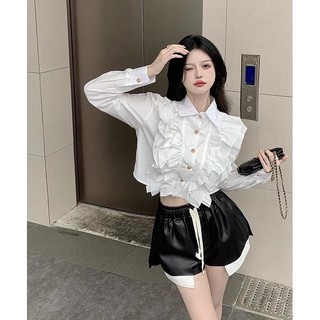Áo sơ mi cổ bèo dáng lửng - ảnh thật