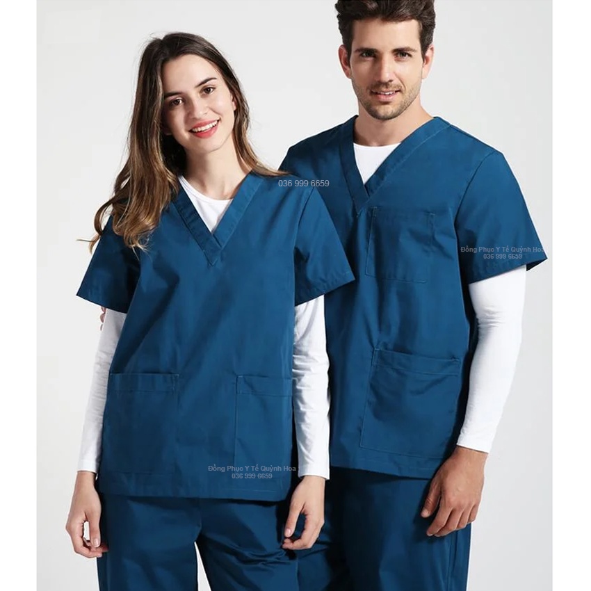 Bộ scrubs đồng phục bác sỹ phẫu thuật Xanh Navy Cotton Cao Cấp, bộ kỹ thuật viên spa, thẩm mỹ viện, nha khoa