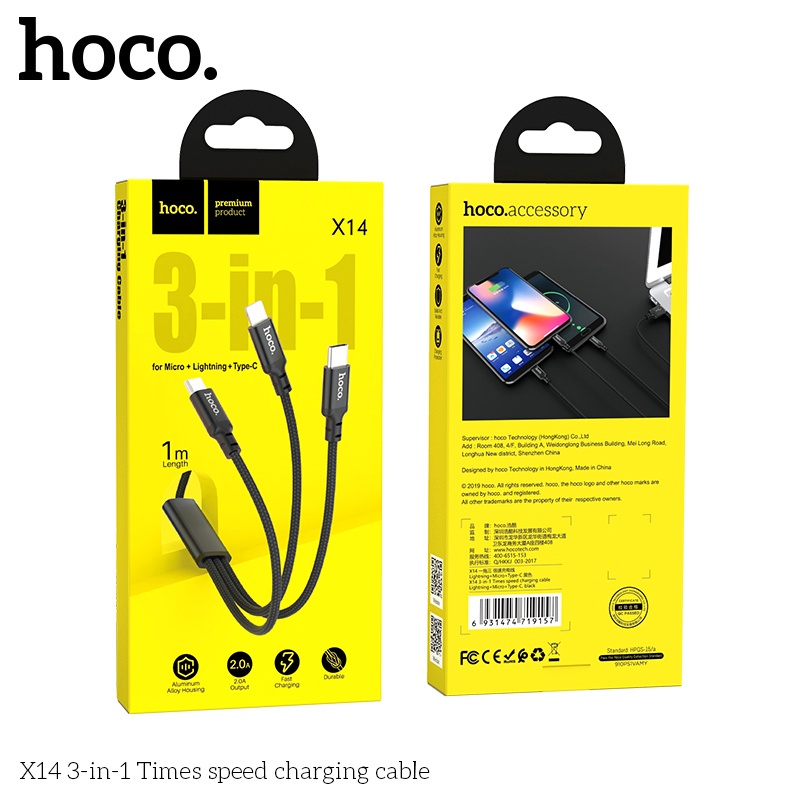 [Bh 12Th]Cáp Sạc Nhanh Siêu Bền 3 Đầu Chính Hãng Hoco X14 2.4A Dây Dài 1M Type C/Micro USB/Cho Ip6 7 8 Plus Xs Max