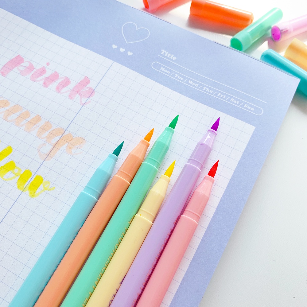 Bút brush bộ 6 màu WINZIGE bút calligraphy/highlight pastel soft brush sign pen đồ dùng học tập dễ t