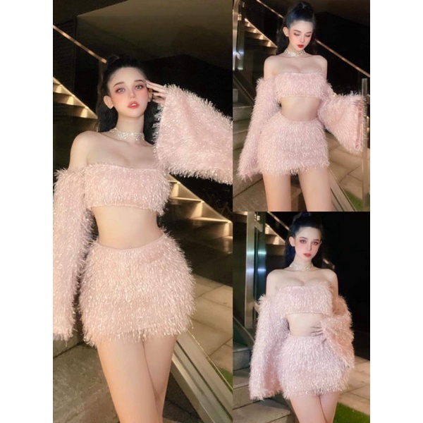 SET VÁY ÁO LÔNG VŨ TAY DÀI