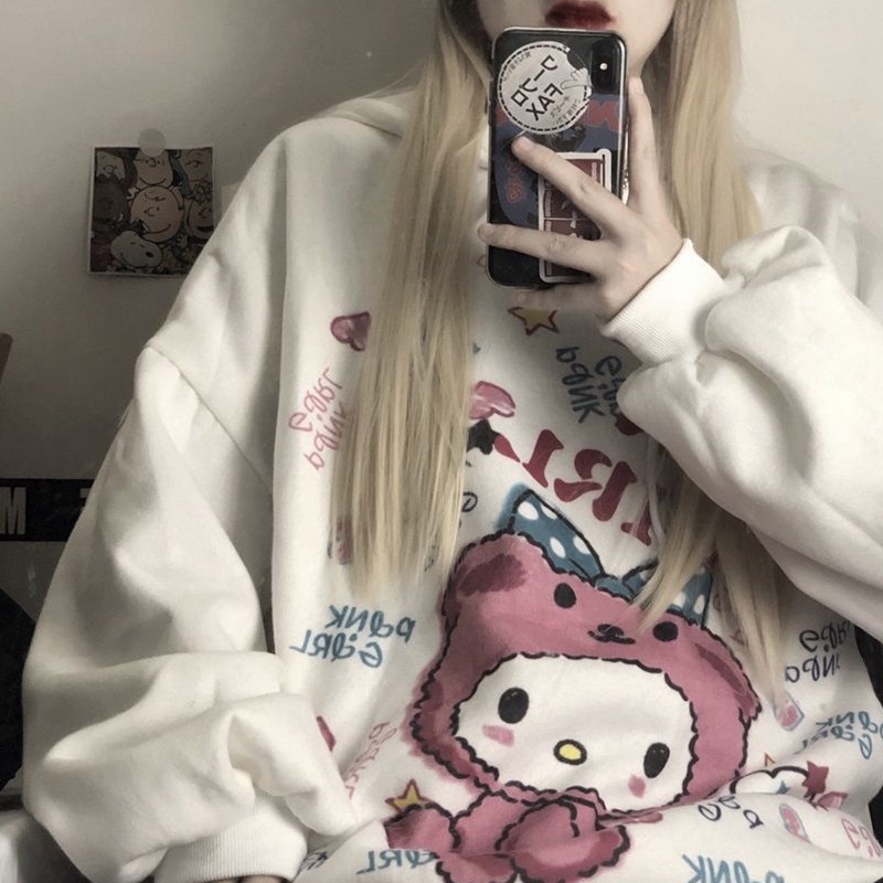 Áo Hoodie Lông Dày Dáng Rộng Dài 67cm - 75cm In Họa Tiết Hoạt Hình Phong Cách Hàn Quốc Thời Trang Mùa Đông Cho Nữ