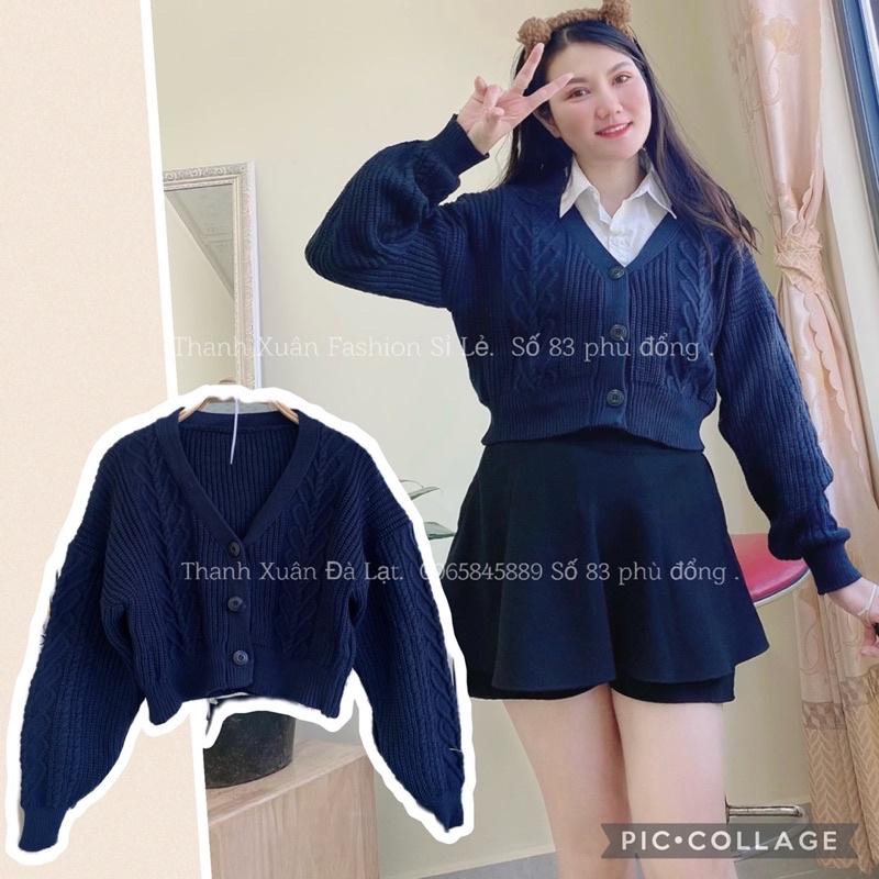 Hình thật Khoác len đi học, len học sinh xanh đen phom crotop, cổ tim dày dặn dễ mặc