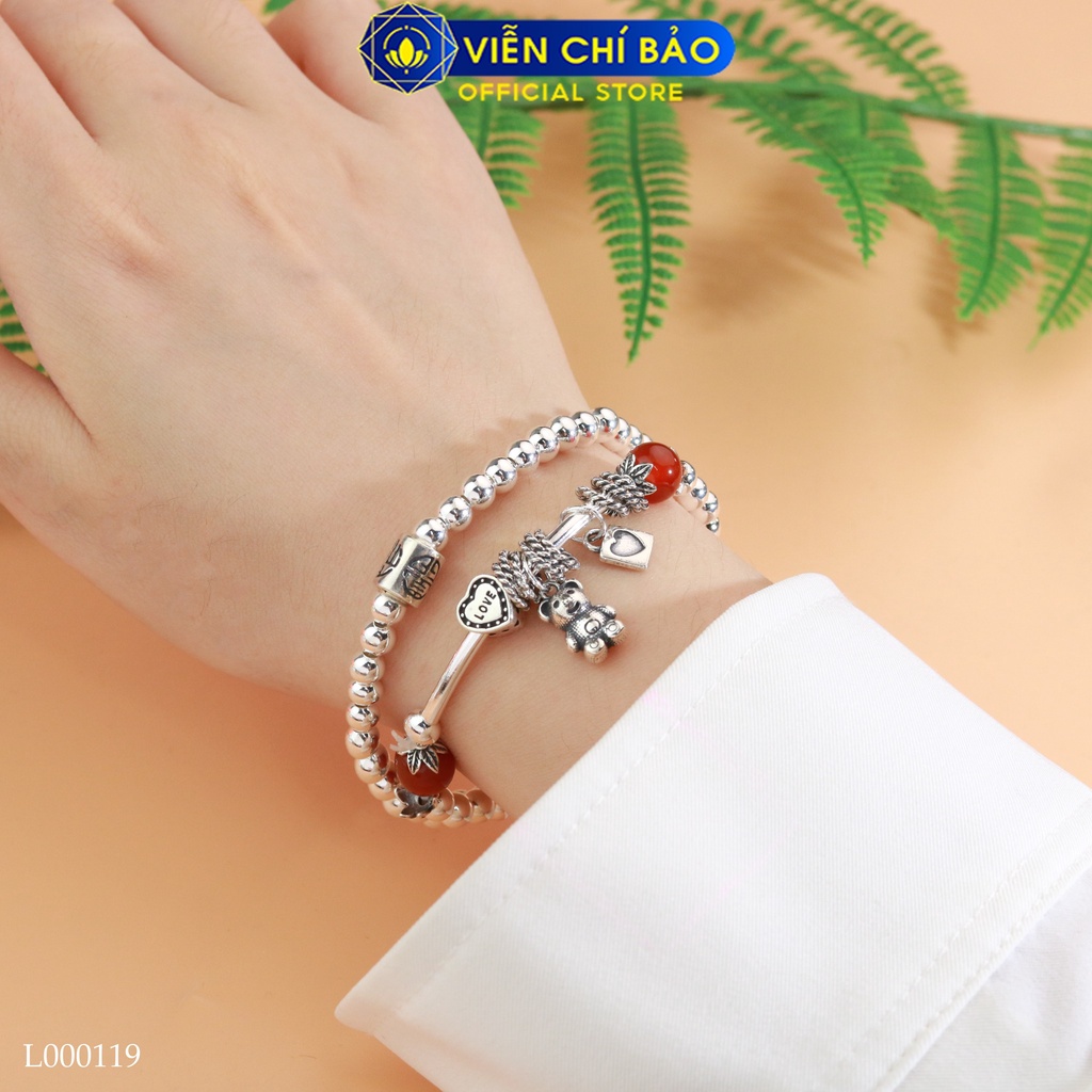 Vòng tay bạc nữ bi charm gấu đá đỏ chất liệu bạc 925 thời trang phụ kiện trang sức Viễn Chí Bảo L000119