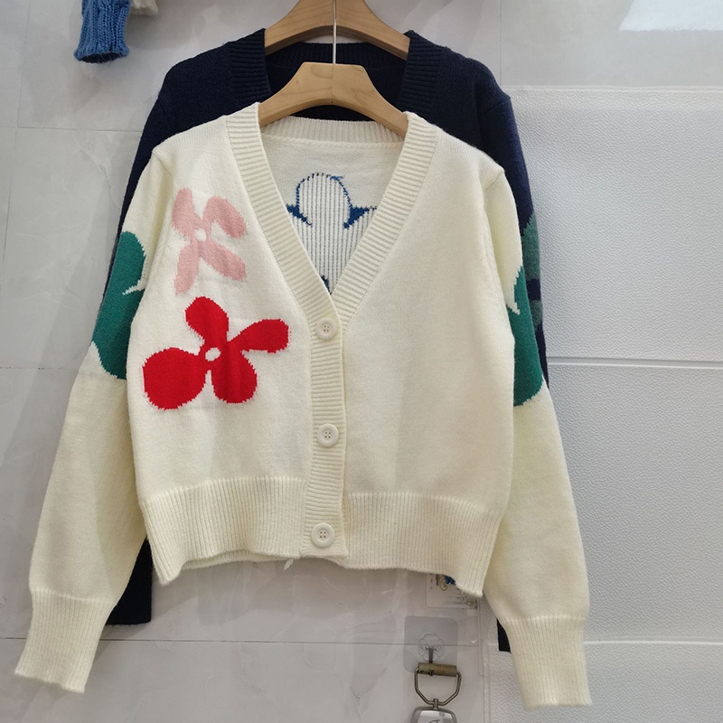 IELGYÁo sweater Cổ Chữ v Dáng Rộng Họa Tiết Bông Hoa Xinh Xắn Dành Cho Nữ