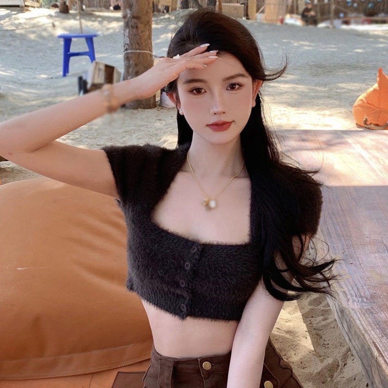 Áo lông croptop cổ chử U bấm nút siêu xinh chuẩn mẩu ảnh m78