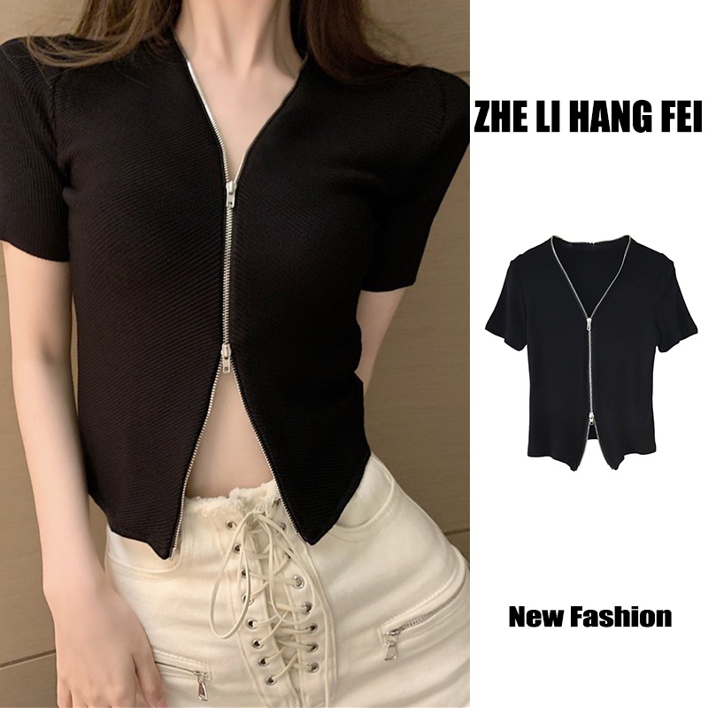 Áo Cardigan Dệt Kim Tay Ngắn Cổ Chữ V Phối Khóa Kéo Phong Cách Mới Mùa Hè 2022 Cho Nữ