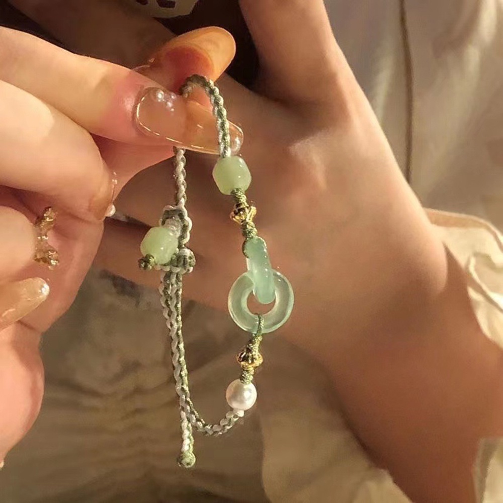 Vòng Tay Dây Bện Phối Hạt Ngọc Bích Nhân Tạo Handmade Có Khóa Cài Hòa Bình Cho Nữ