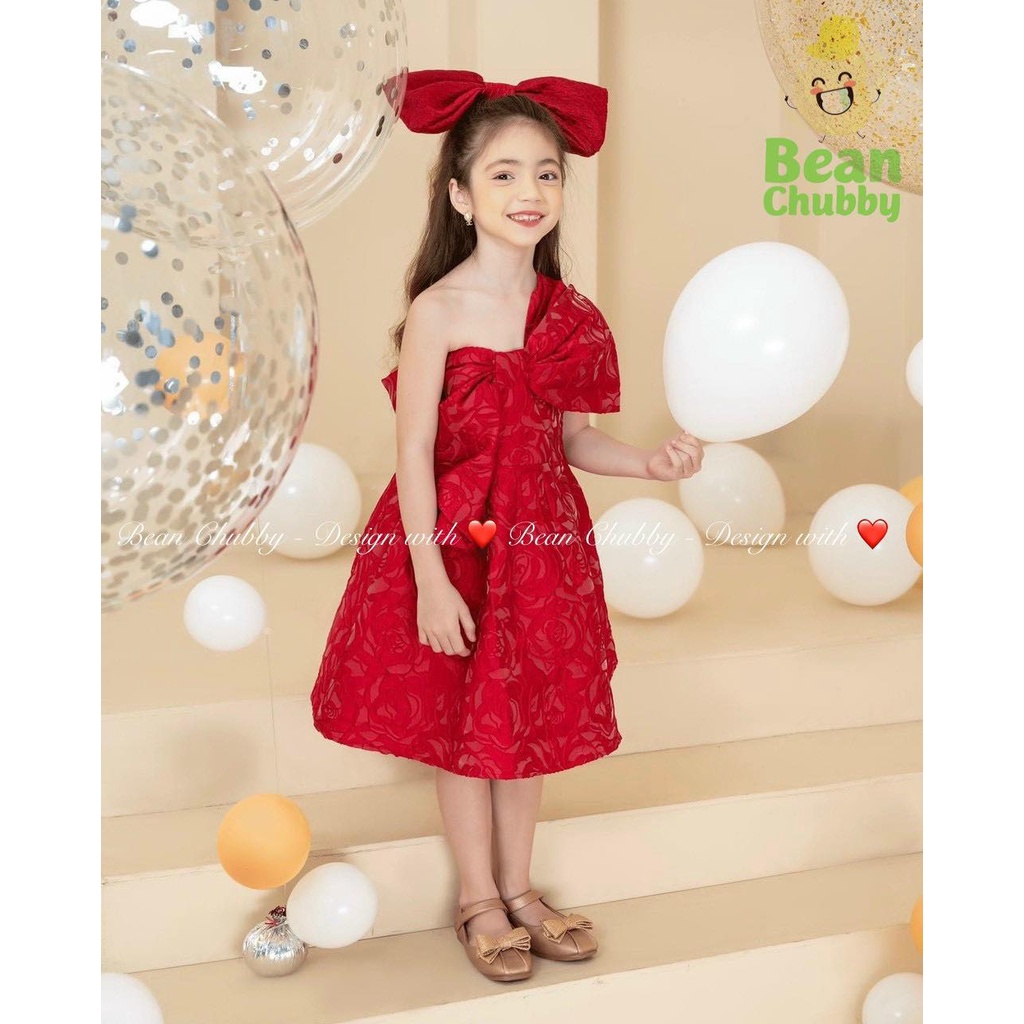 Đầm tiệc công chúa lệch vai nơ ngực Cao Cấp cho bé gái