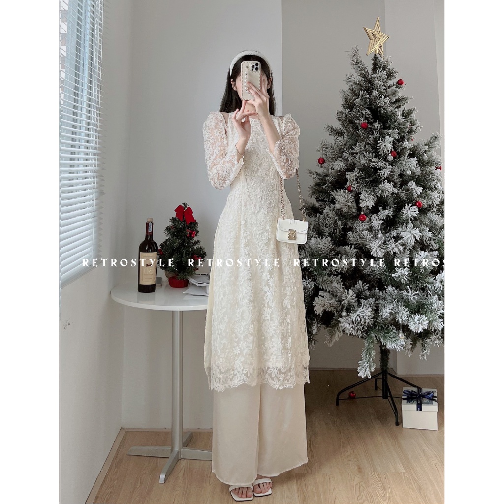 Set áo dài ren khoét vai hoa nổi 2 lớp mã aodairenkhoetvai