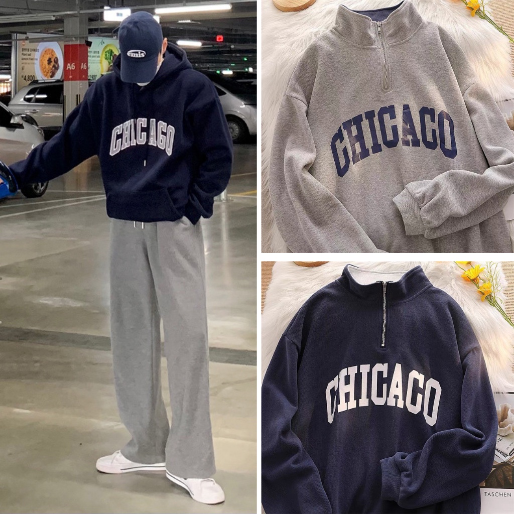 Áo Polo Nam Sweater khoá cổ CHICAGO Unisex Tay Dài Form Rộng In Chữ Phối Màu Cổ Vải Nỉ Bông