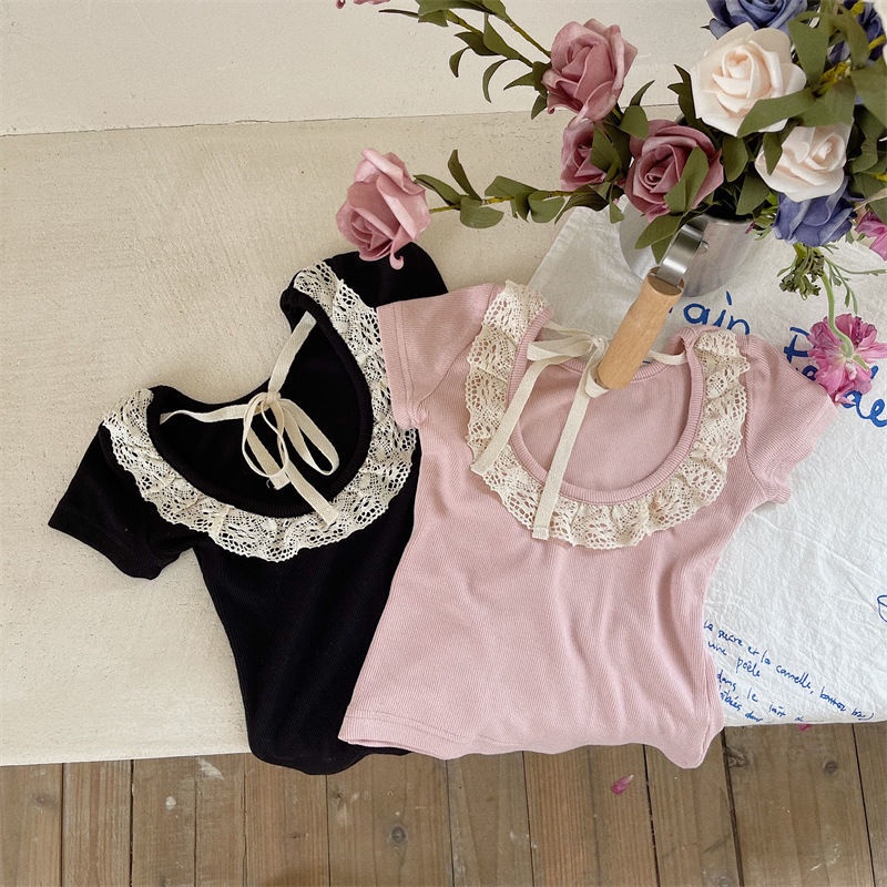 Áo Thun Tay Ngắn Phối Ren Và Nơ Dễ Thương Phong Cách Hàn Quốc Cho Bé Gái