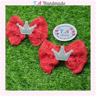 Cột tóc vải nơ ren hoa hồng  -1 cặp