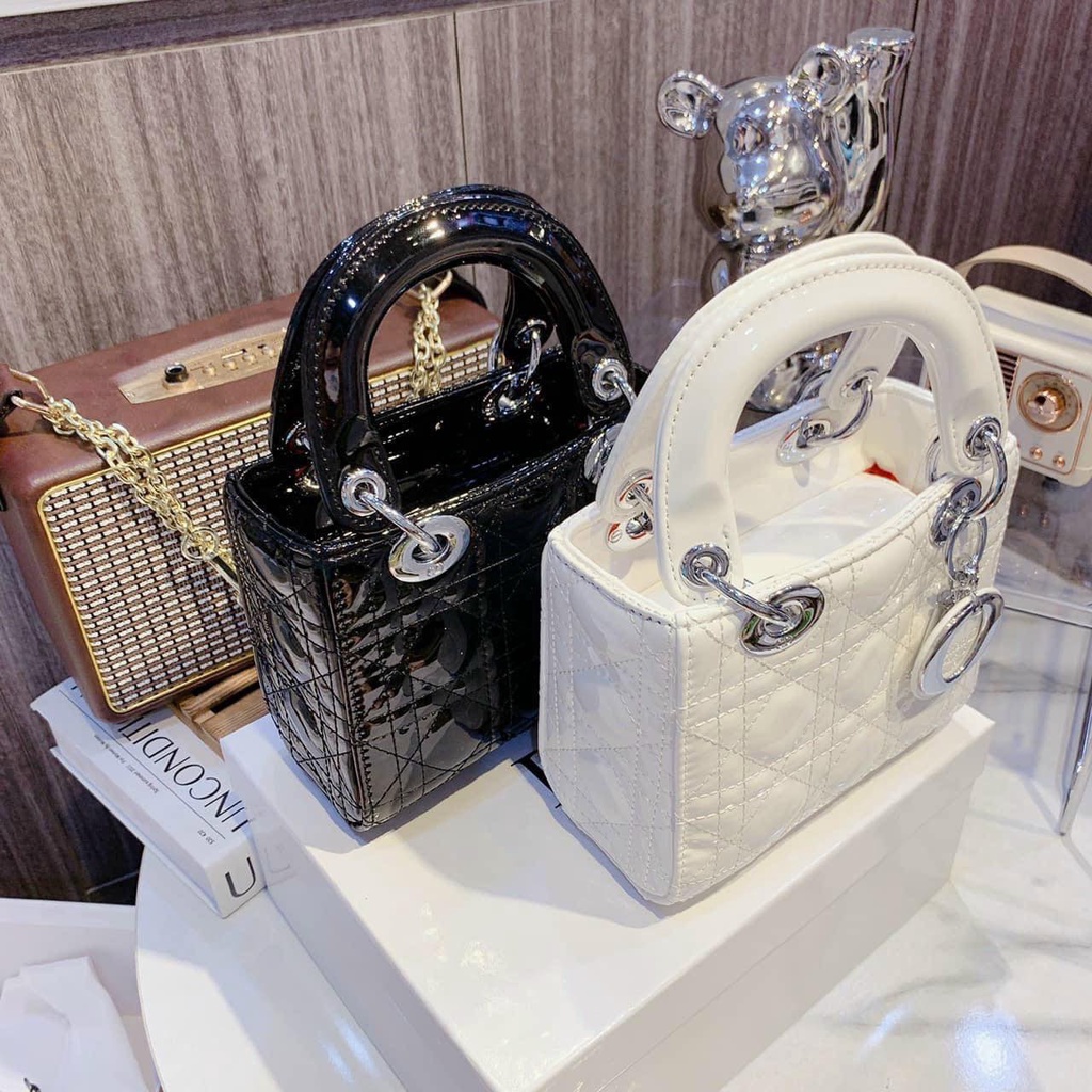Túi Xách Nữ Dior Da Bóng Fullbox Size 18 có kèm 2 dây và khóa tag bạc