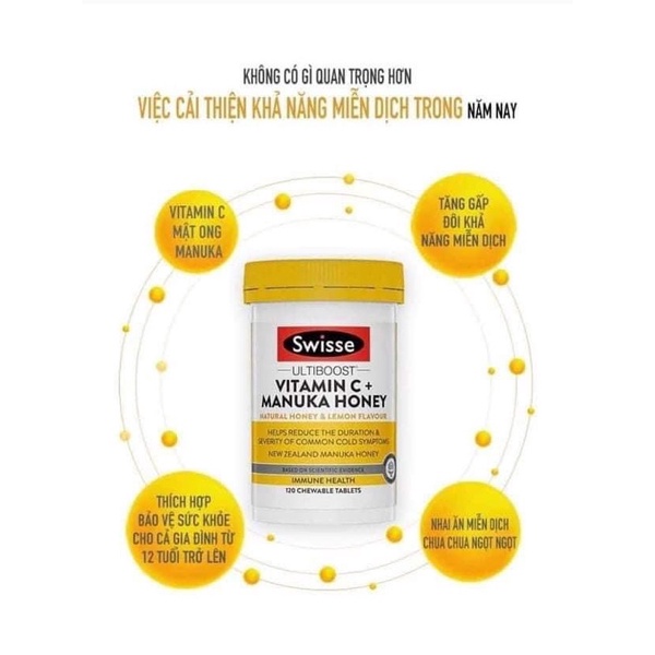 Viên uống tăng miễn dịch Swisse Vitamin C Manuka Honey Úc - 120 viên