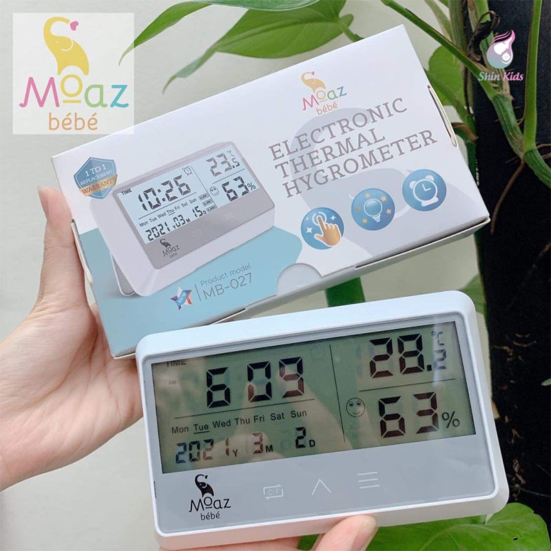 Nhiệt kế đo độ ẩm và nhiệt độ phòng, đồng hồ báo thức Moaz Bebe MB-027