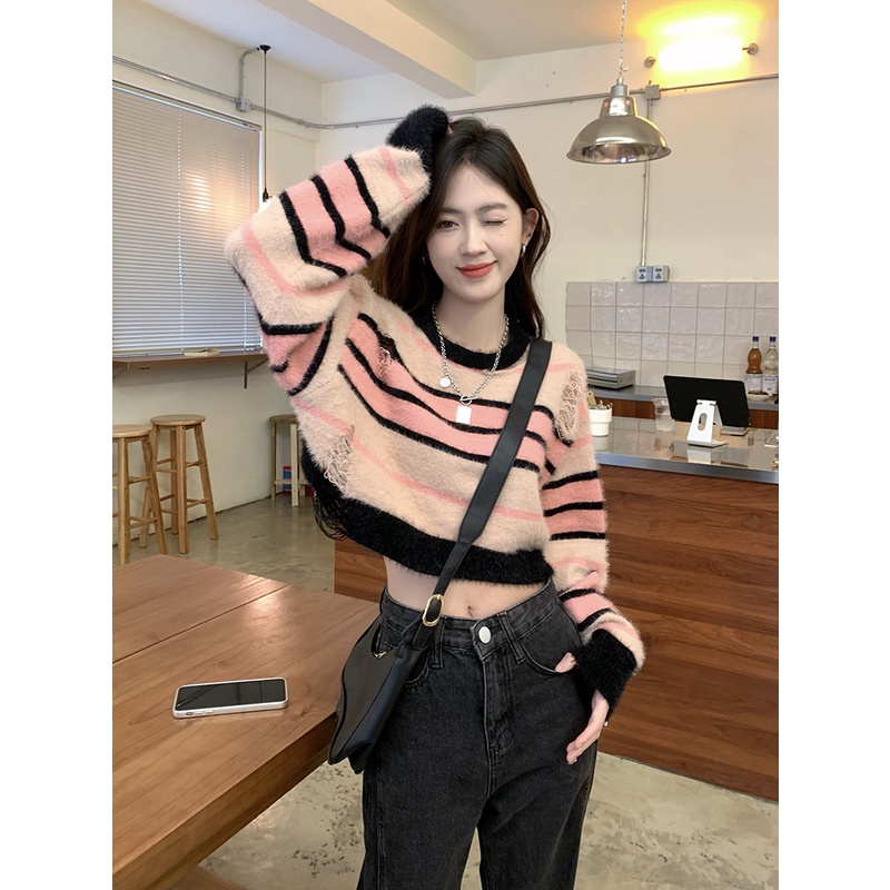 Áo sweater Dệt Kim Dáng Rộng Họa Tiết Sọc Rách Cho Nữ