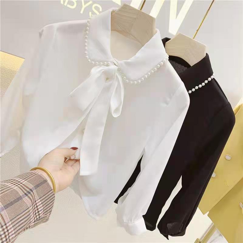 Áo Sơ Mi Chiffon Cổ Thắt Nơ Đính Ngọc Trai Thời Trang Mùa Xuân 2022 Mới Cho Bé Gái
